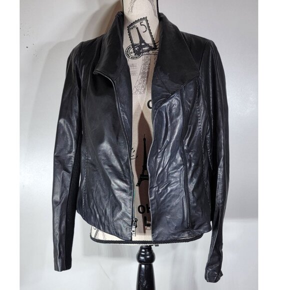 Vince Lamb Leather Moto Jacket Asymmetrical Zip, Knit Panels, Women’s Size M - Picture 7 of 13